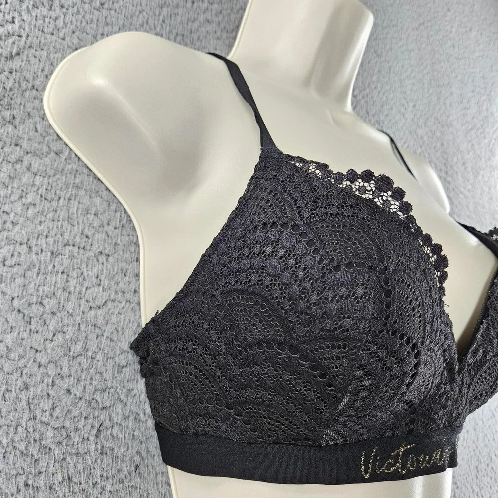 Victorias Secret Lined No Wire Bra Womens 32D Black Floral Lace Wireless Comfort